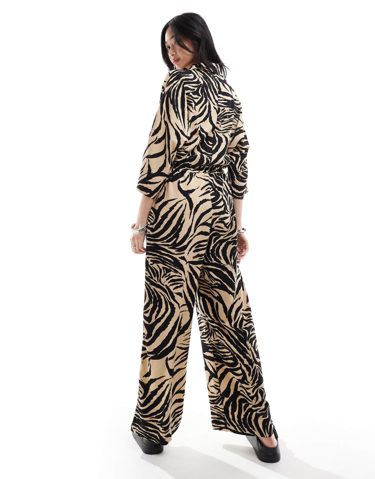 Monki oversized jumpsuit with collar in beige animal print