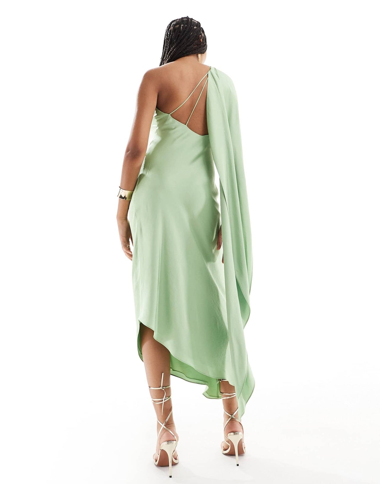 Mango one shoulder drape satin midi dress in light green