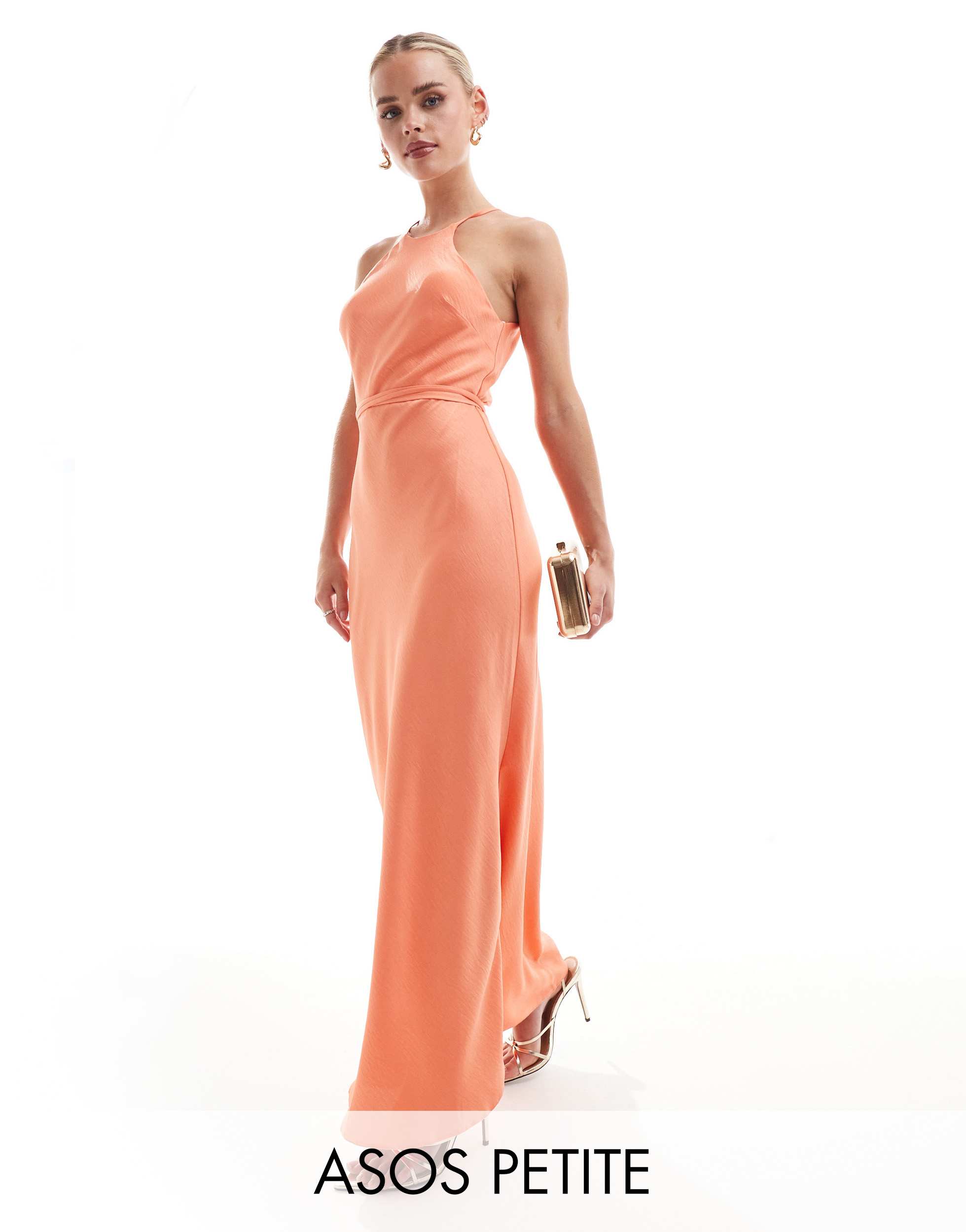 ASOS DESIGN Petite halter racer maxi dress with tie waist and cut out sides in coral