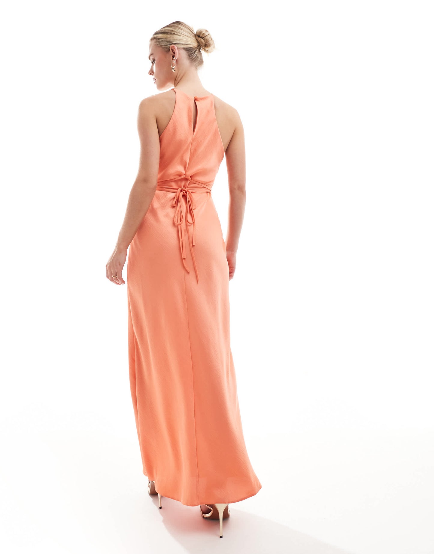 ASOS DESIGN Petite halter racer maxi dress with tie waist and cut out sides in coral