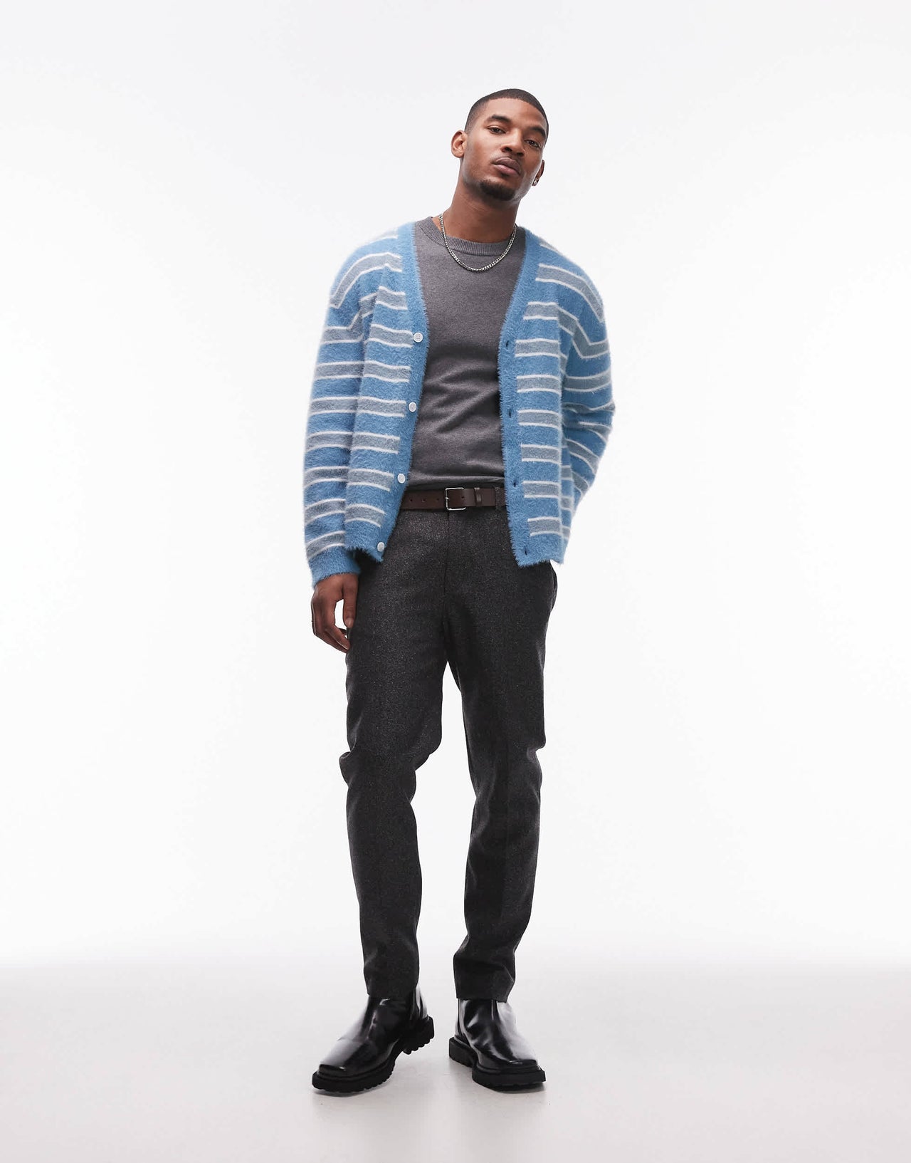 Topman straight high waisted relaxed salt and pepper wool mix suit trousers in black