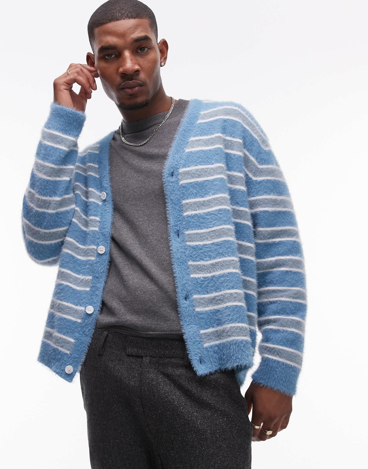 Topman straight high waisted relaxed salt and pepper wool mix suit trousers in black