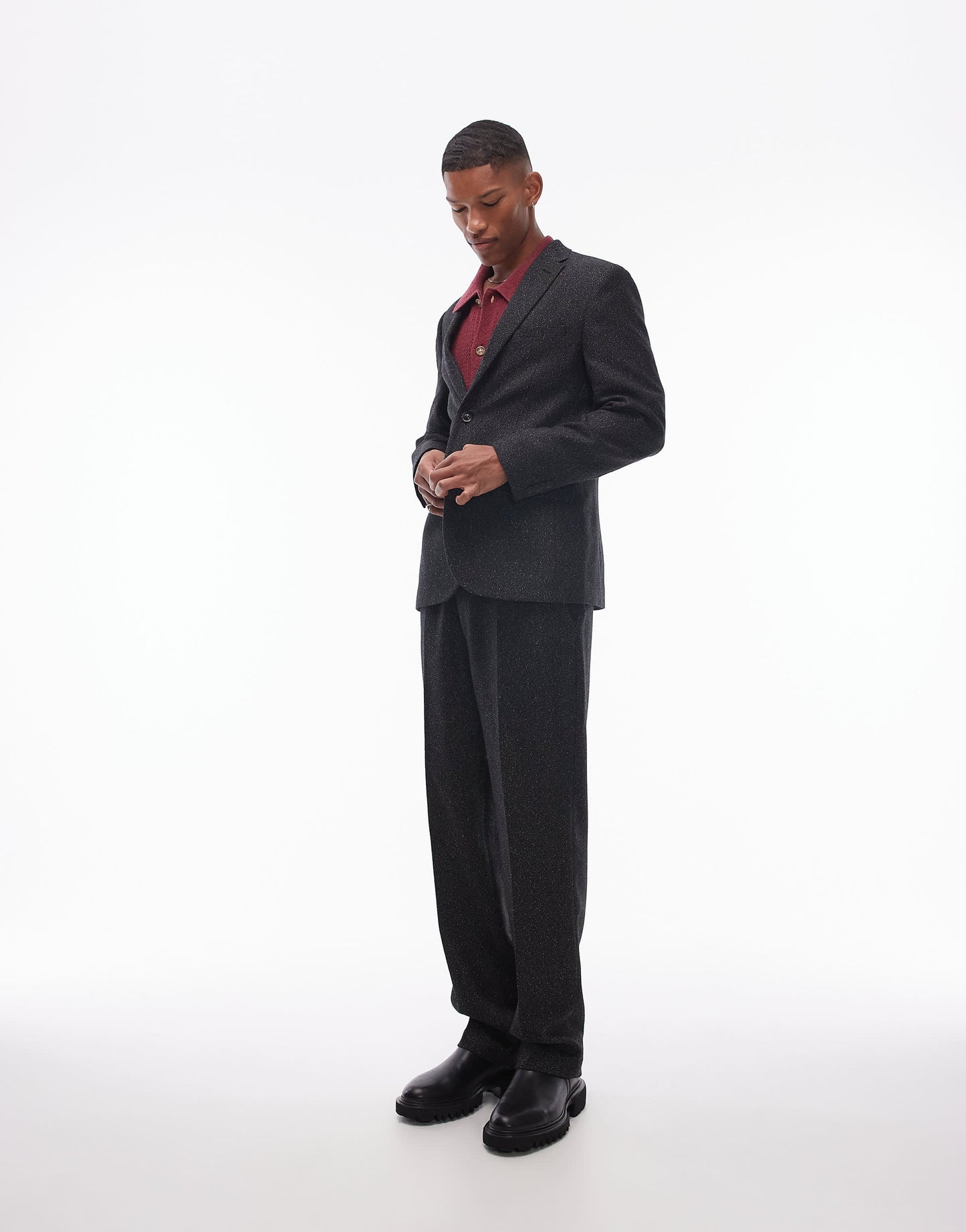 Topman slim salt and pepper wool mix suit jacket in black