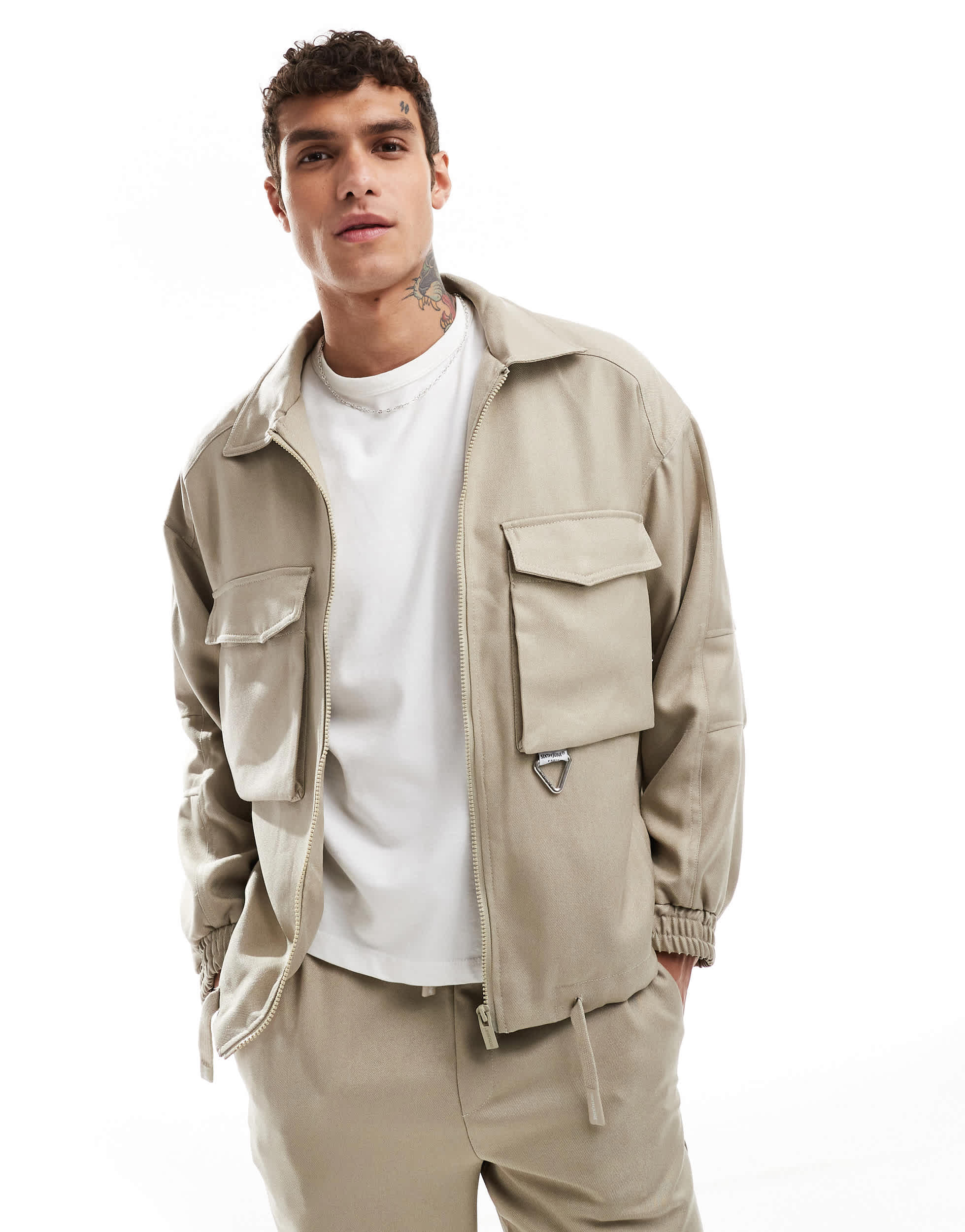 Sixth June front pocket logo detail jacket co-ord in beige