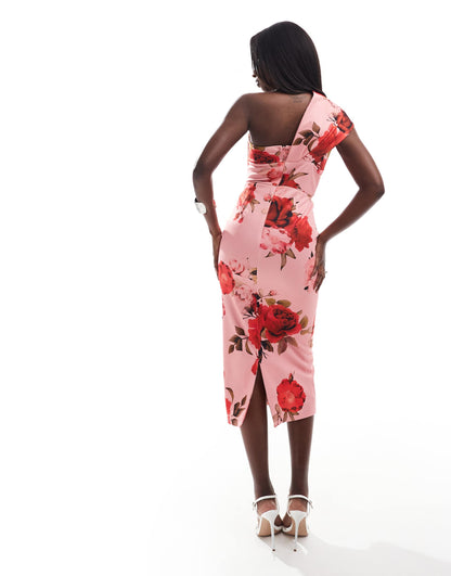True Violet one shoulder  midi dress in soft floral