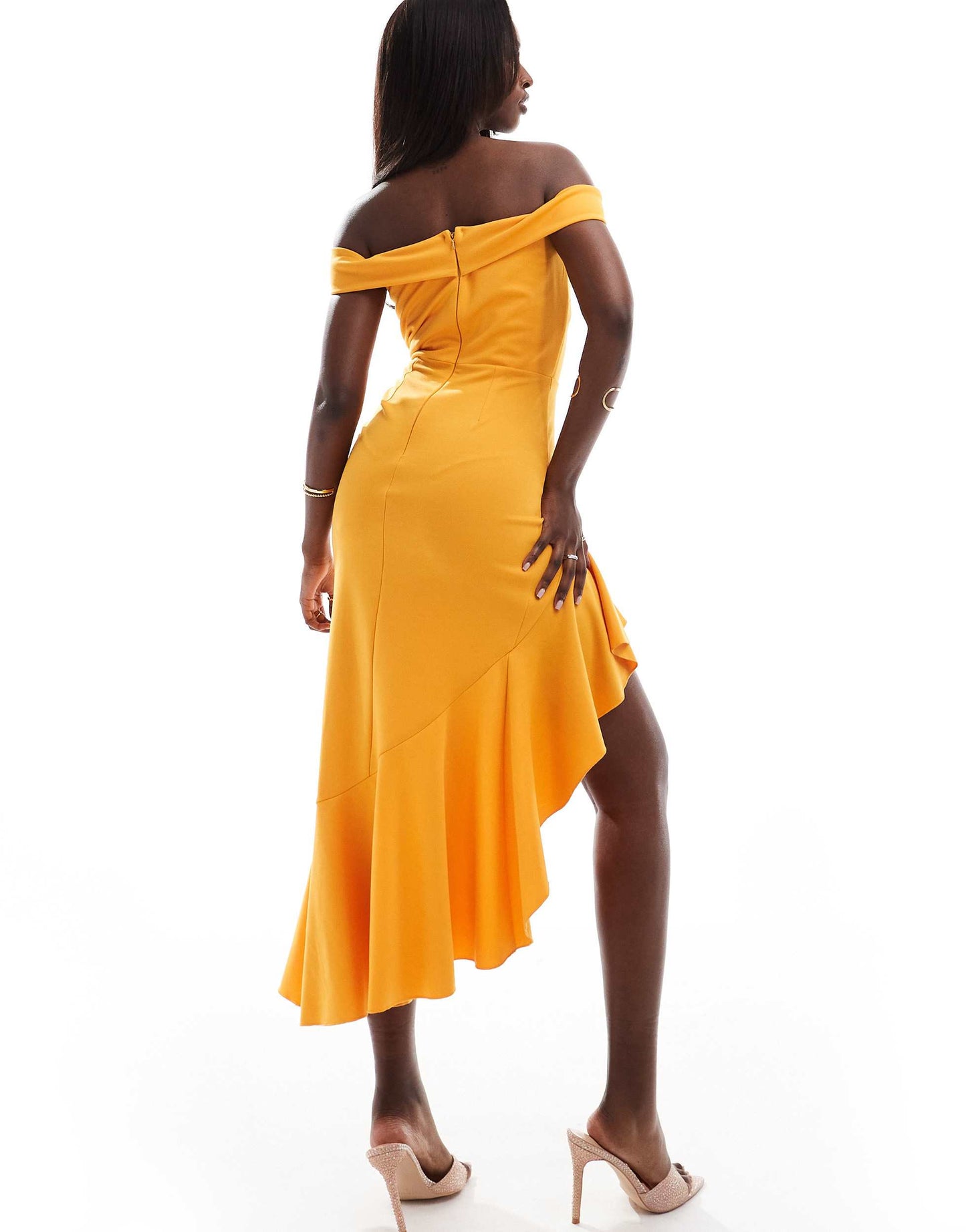 True Violet off shoulder ruffle midi dress in apricot