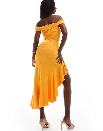 True Violet off shoulder ruffle midi dress in apricot