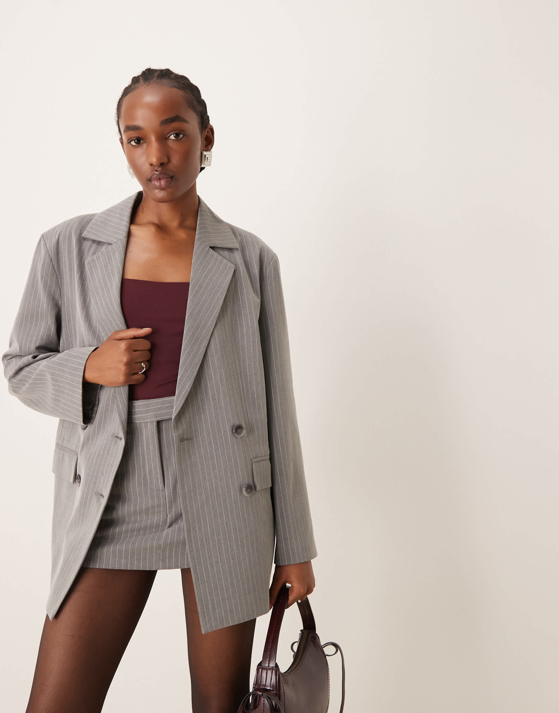 Miss Selfridge slouchy oversized double breasted blazer in grey pinstripe co ord