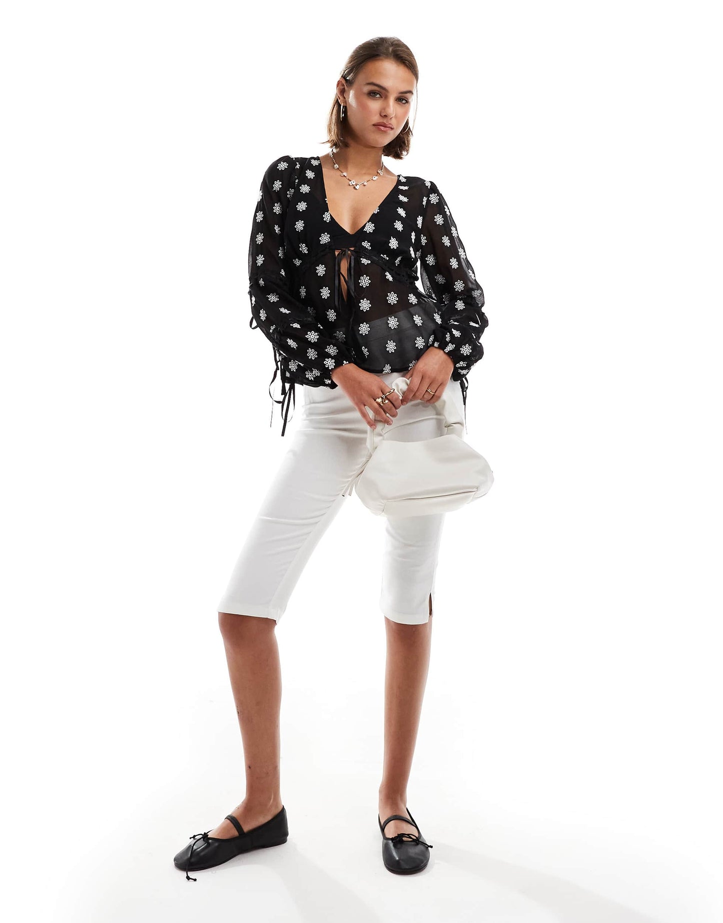 Miss Selfridge embroidered daisy tie front blouse in black
