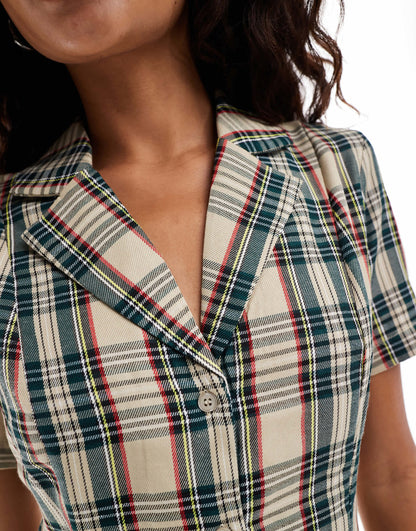 Something New button through mini shirt dress in navy and beige check
