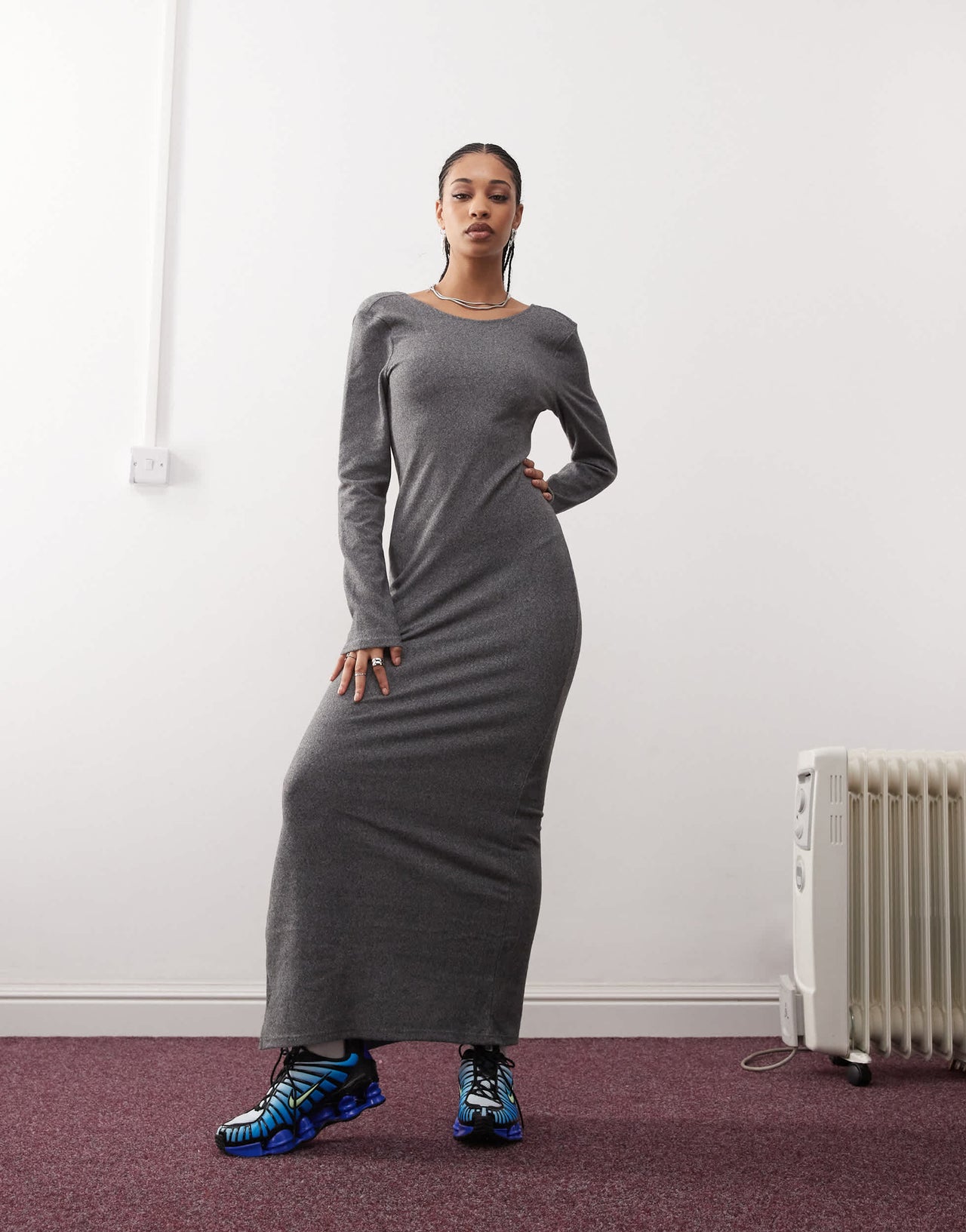Noisy May scoop back knitted maxi dress in grey texture