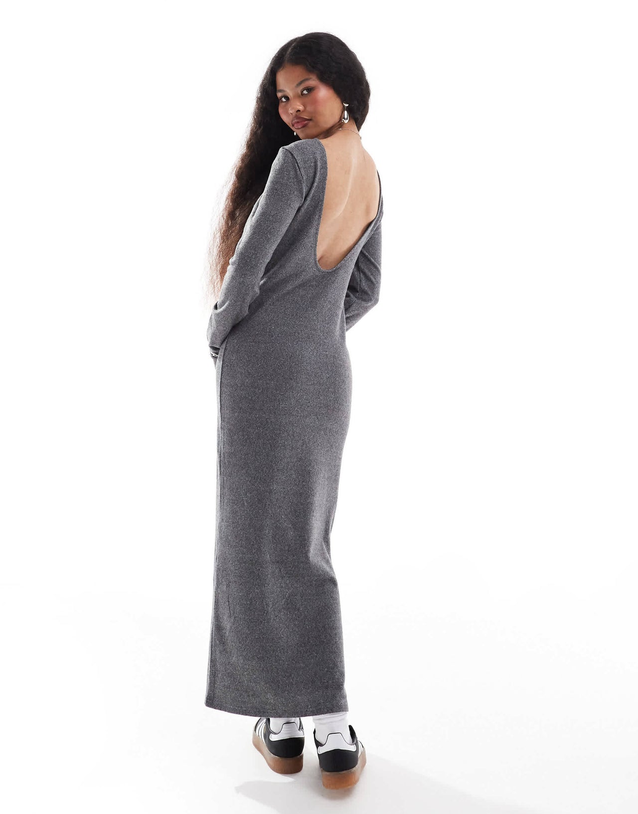 Noisy May Petite scoop back knitted maxi dress in grey texture