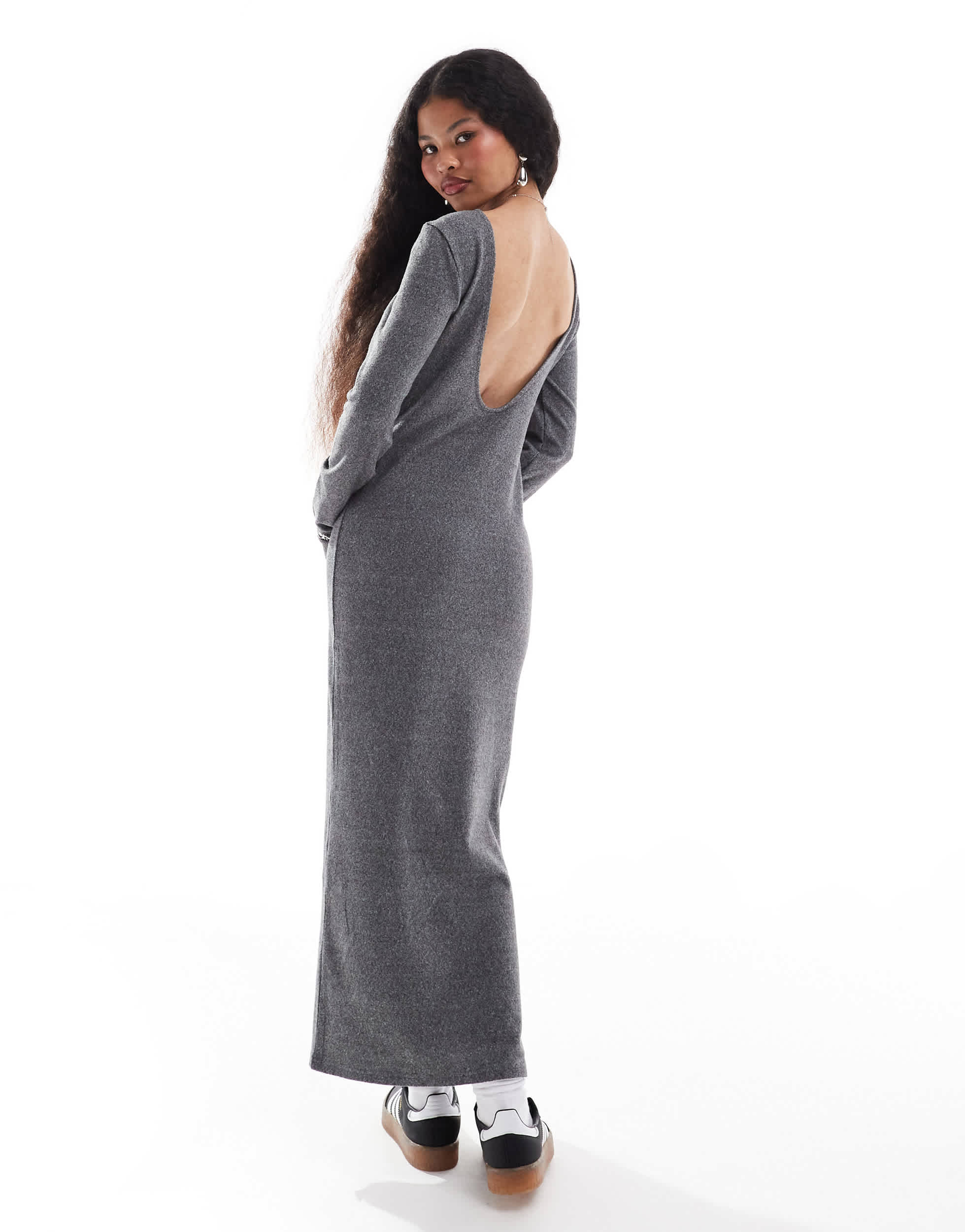 Noisy May Petite scoop back knitted maxi dress in grey texture