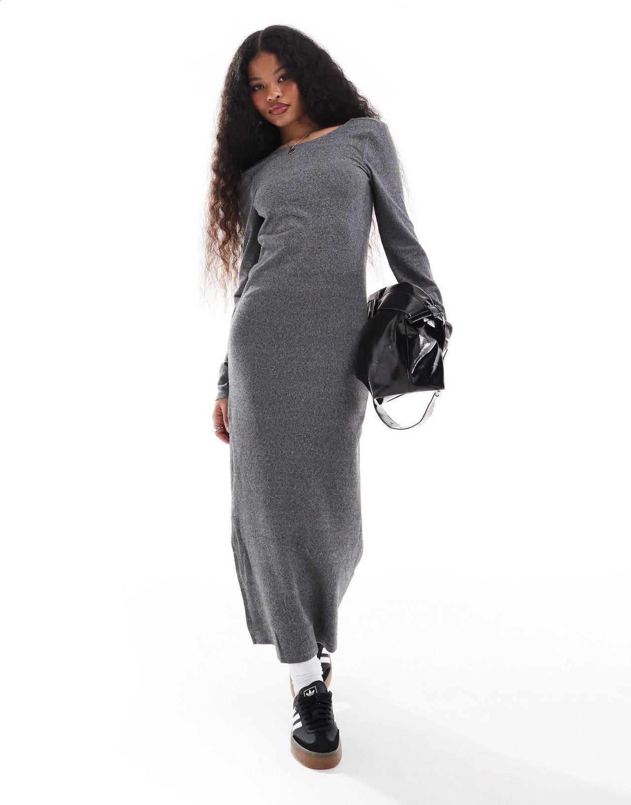 Noisy May Petite scoop back knitted maxi dress in grey texture