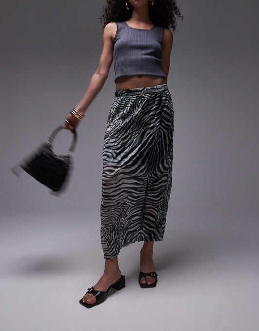 Topshop crinkle midi skirt in abstract print in mono