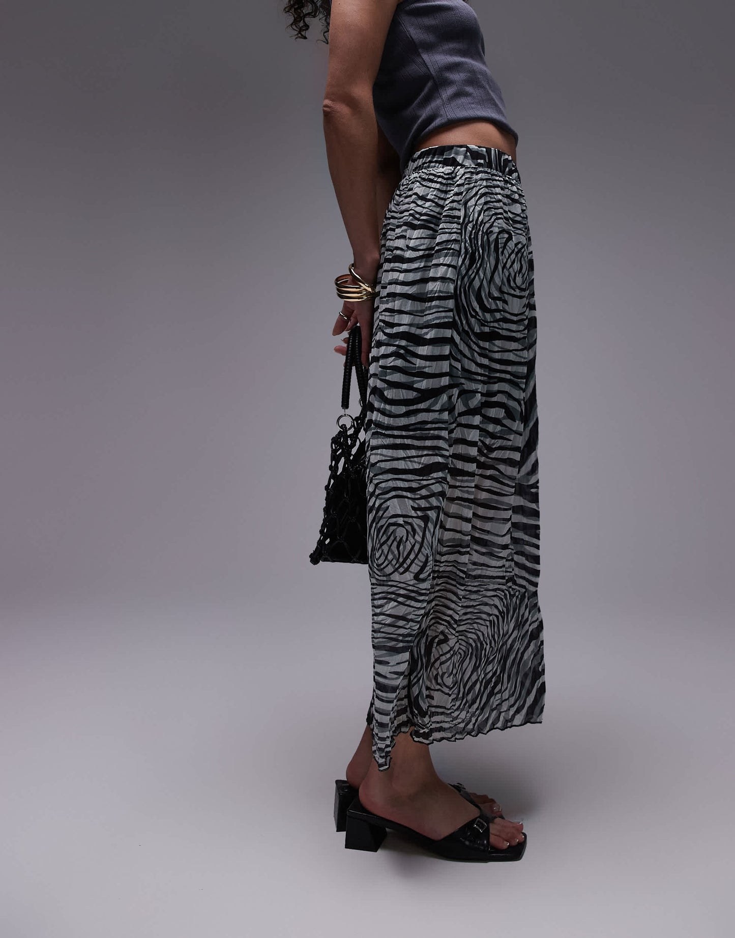 Topshop crinkle midi skirt in abstract print in mono
