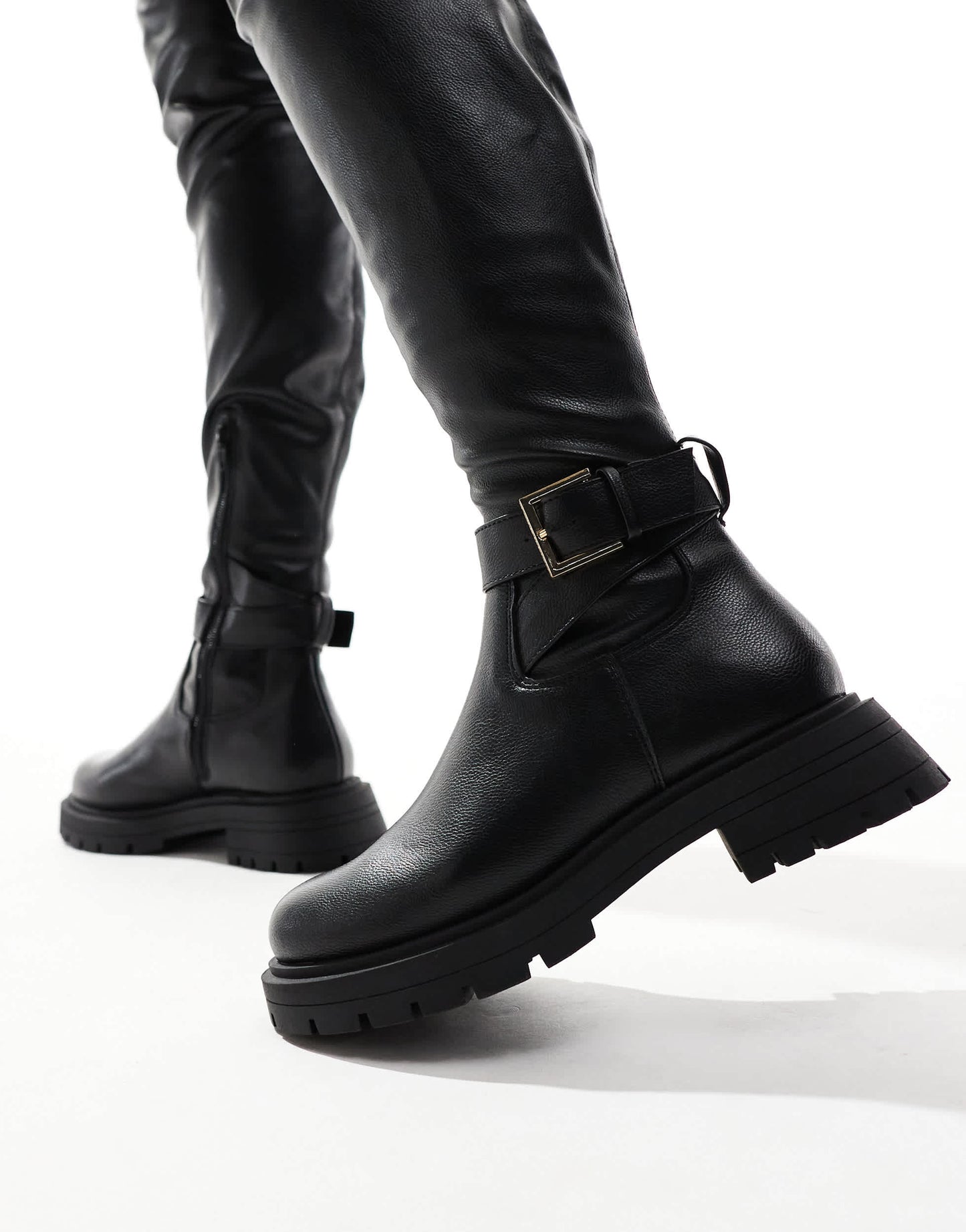 ASOS DESIGN Kirby buckle detail flat over the knee boots in black