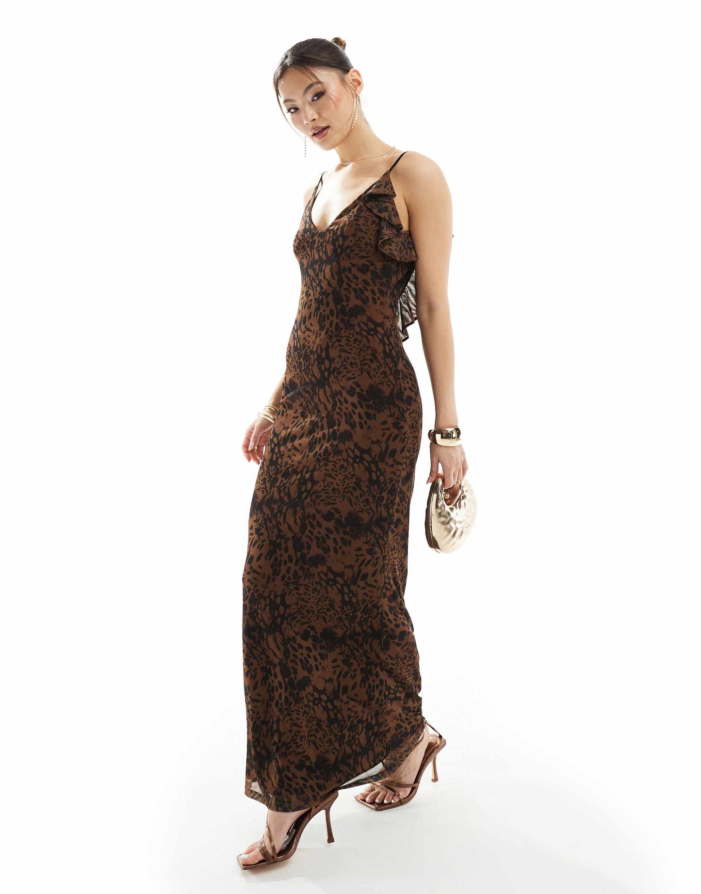 ASOS DESIGN mesh cami maxi dress with ruffle back detail in brown rodeo print