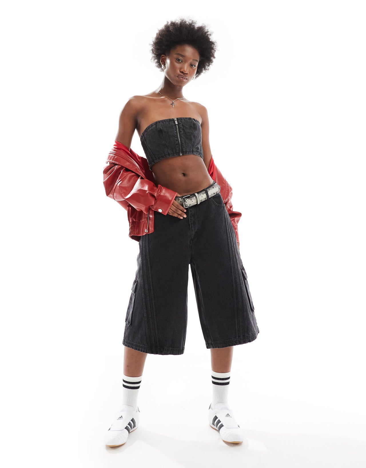 adidas Originals Adilenium denim tube top co-ord in black