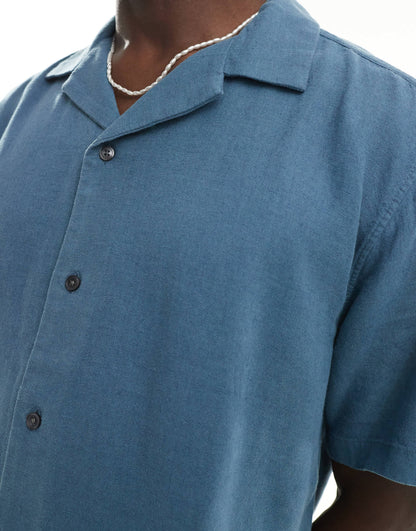 Abercrombie & Fitch short sleeve revere collar linen blend shirt relaxed fit in mid blue