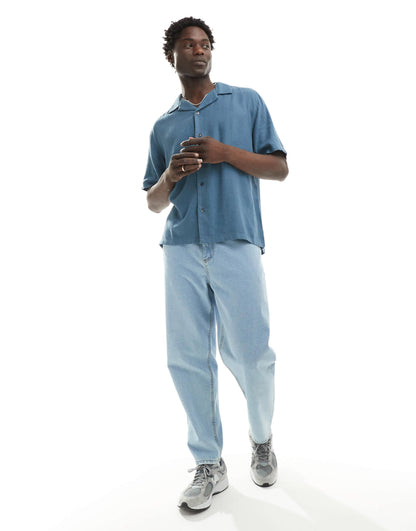 Abercrombie & Fitch short sleeve revere collar linen blend shirt relaxed fit in mid blue