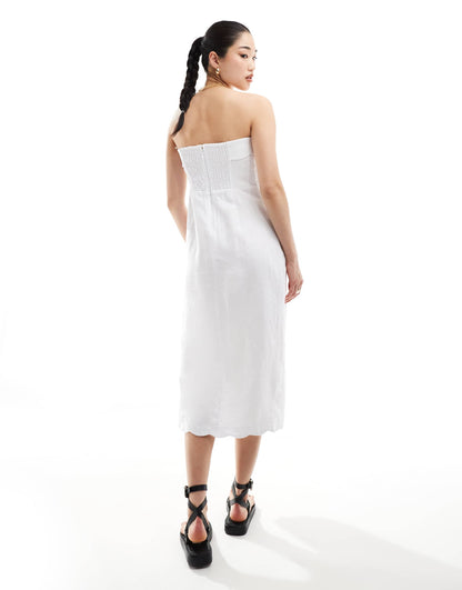 Abercrombie & Fitch linen blend midi strapless dress with scallop edge in white