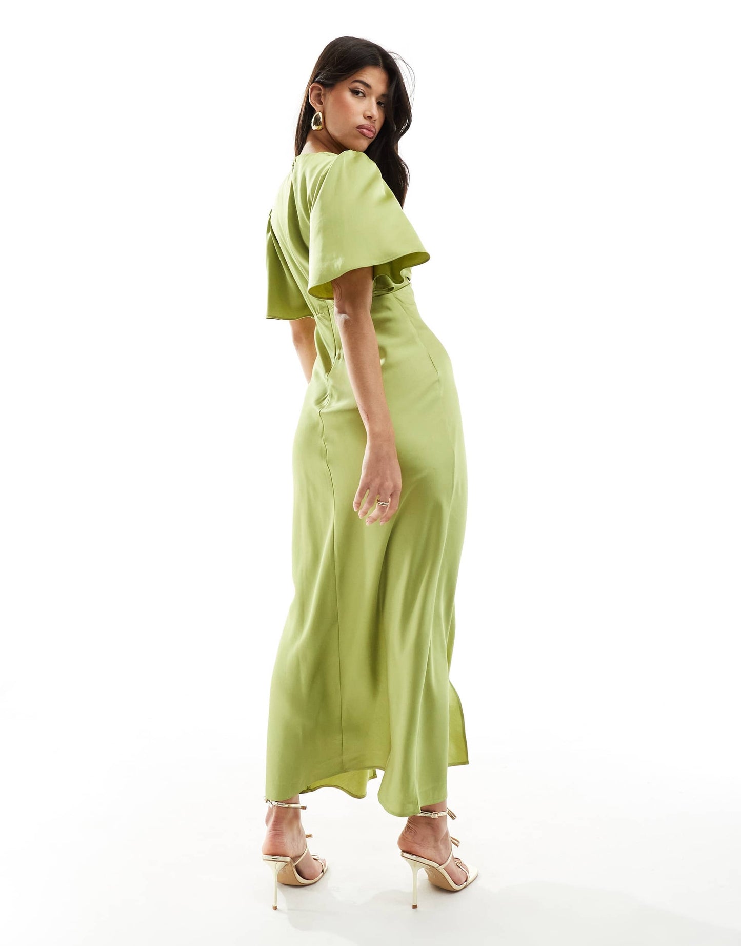 Abercrombie & Fitch satin flutter sleeve maxi dress in green