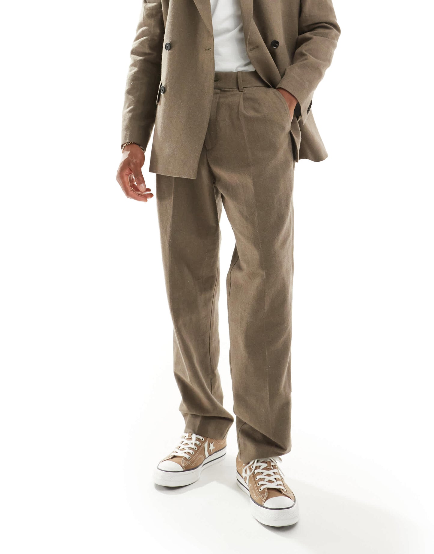 Abercrombie & Fitch tailored pleated loose fit linen blend trousers in tan co-ord