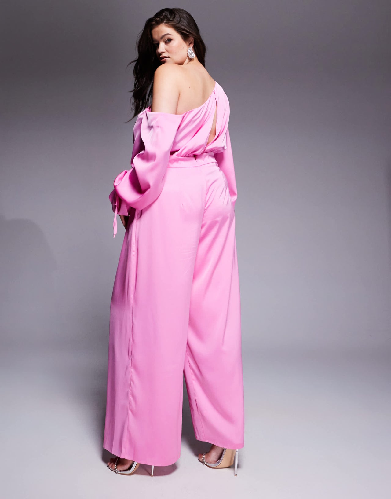ASOS LUXE Curve satin off shoulder wide leg jumpsuit with bow in pink