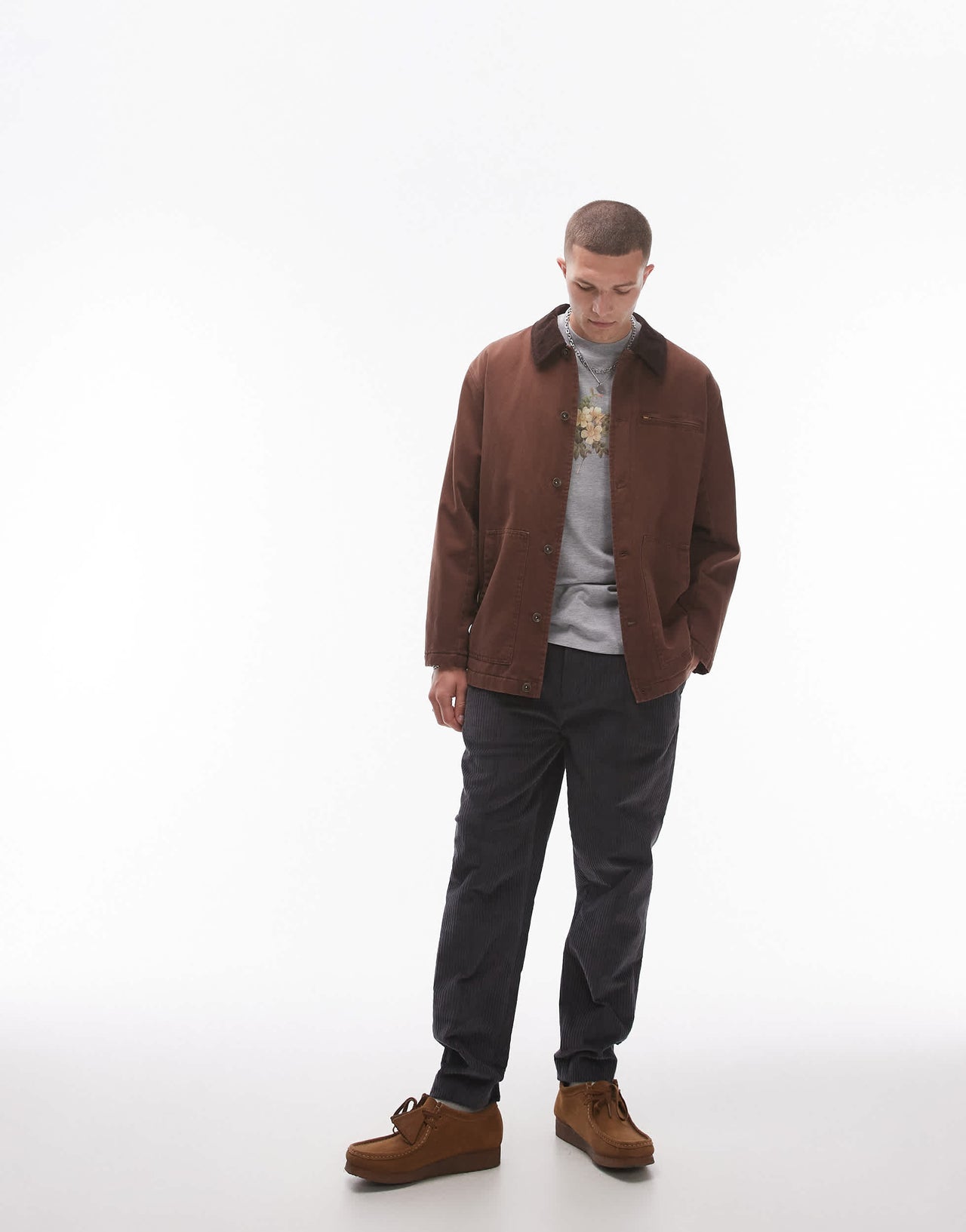 Topman wadded worker jacket in brown with contrast collar