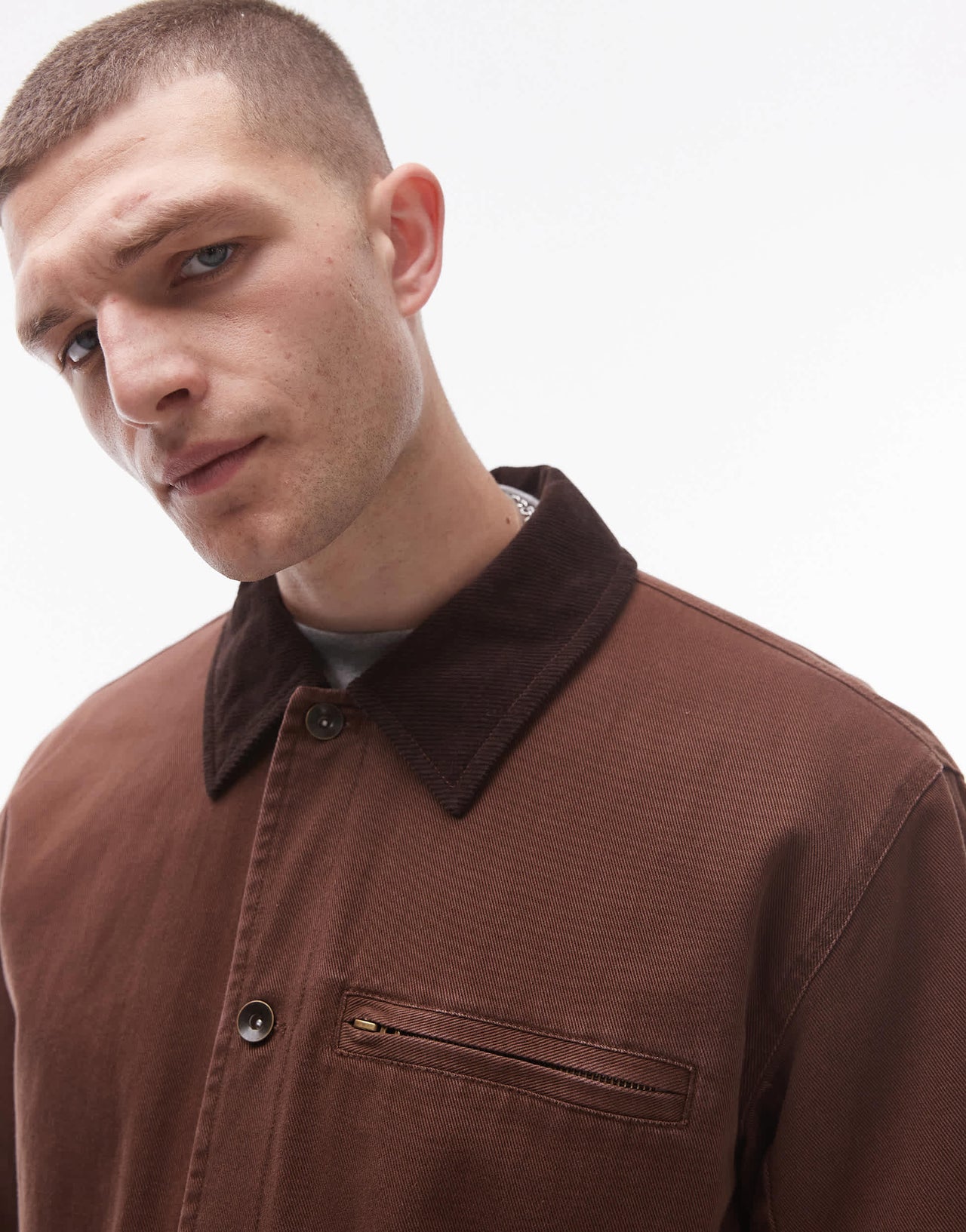 Topman wadded worker jacket in brown with contrast collar