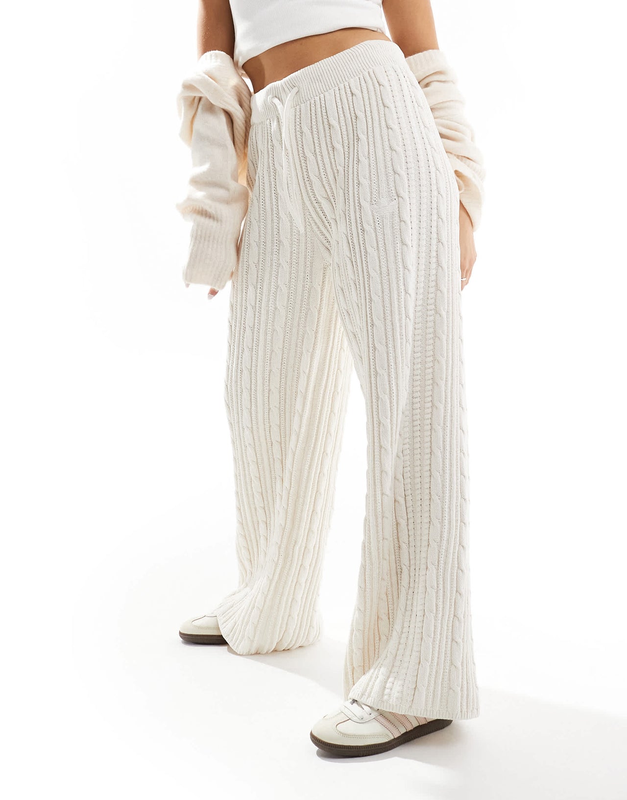 adidas Originals cable knit trefoil logo knitted trousers bottoms in white