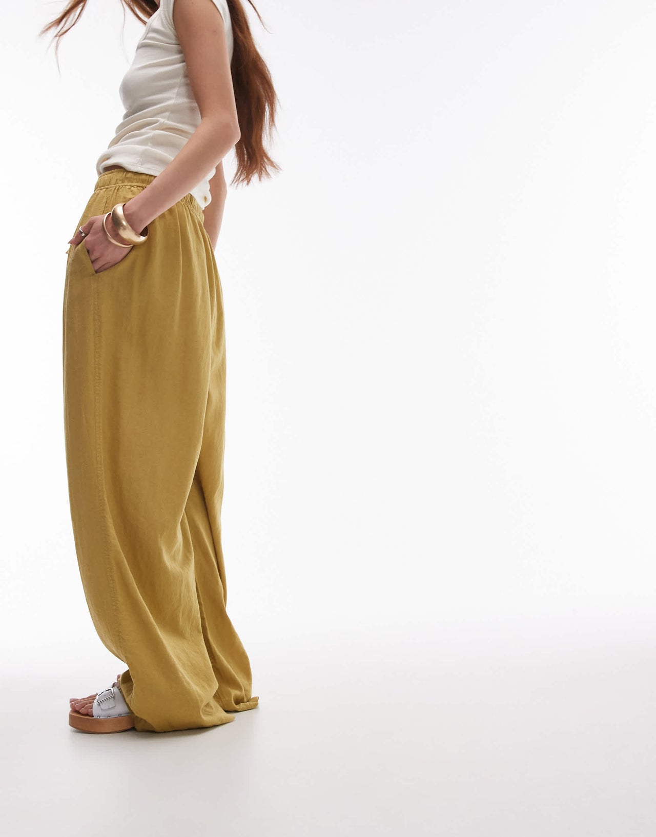 Topshop linen blend balloon trouser in green