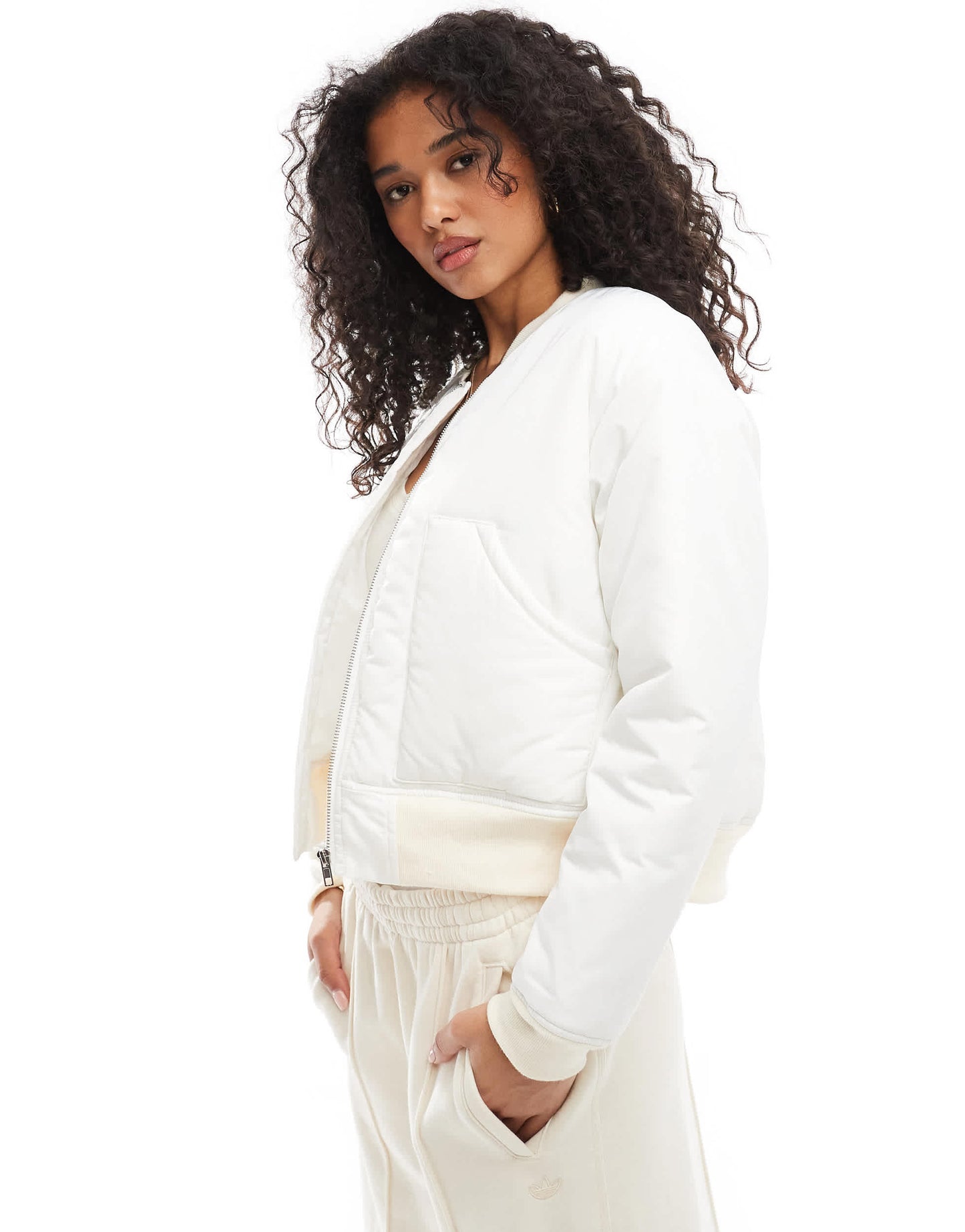 SNDYS pocket detail padded bomber jacket in cream