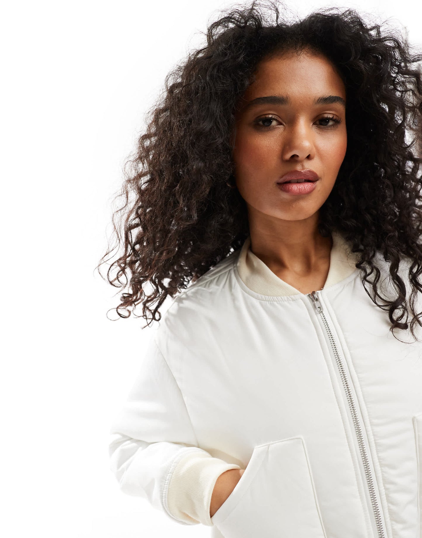 SNDYS pocket detail padded bomber jacket in cream