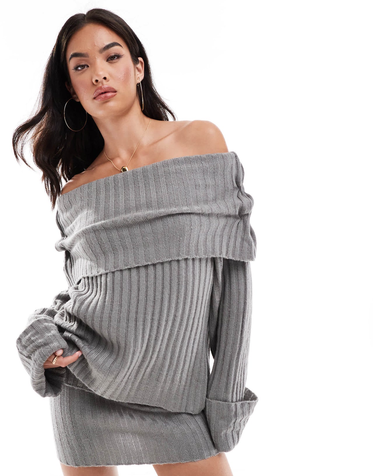 SNDYS ribbed knit foldover wide sleeve bardot jumper co-ord in grey