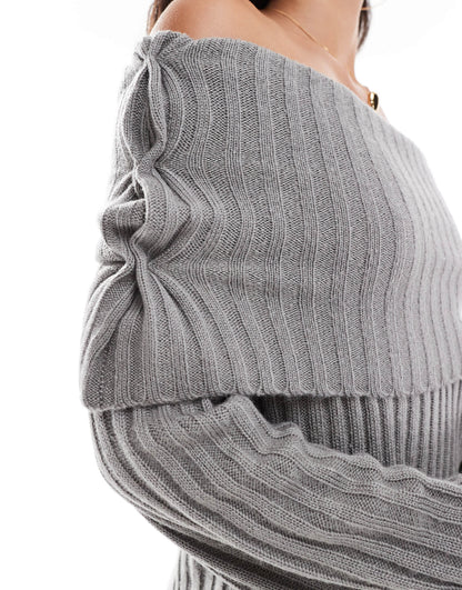 SNDYS ribbed knit foldover wide sleeve bardot jumper co-ord in grey