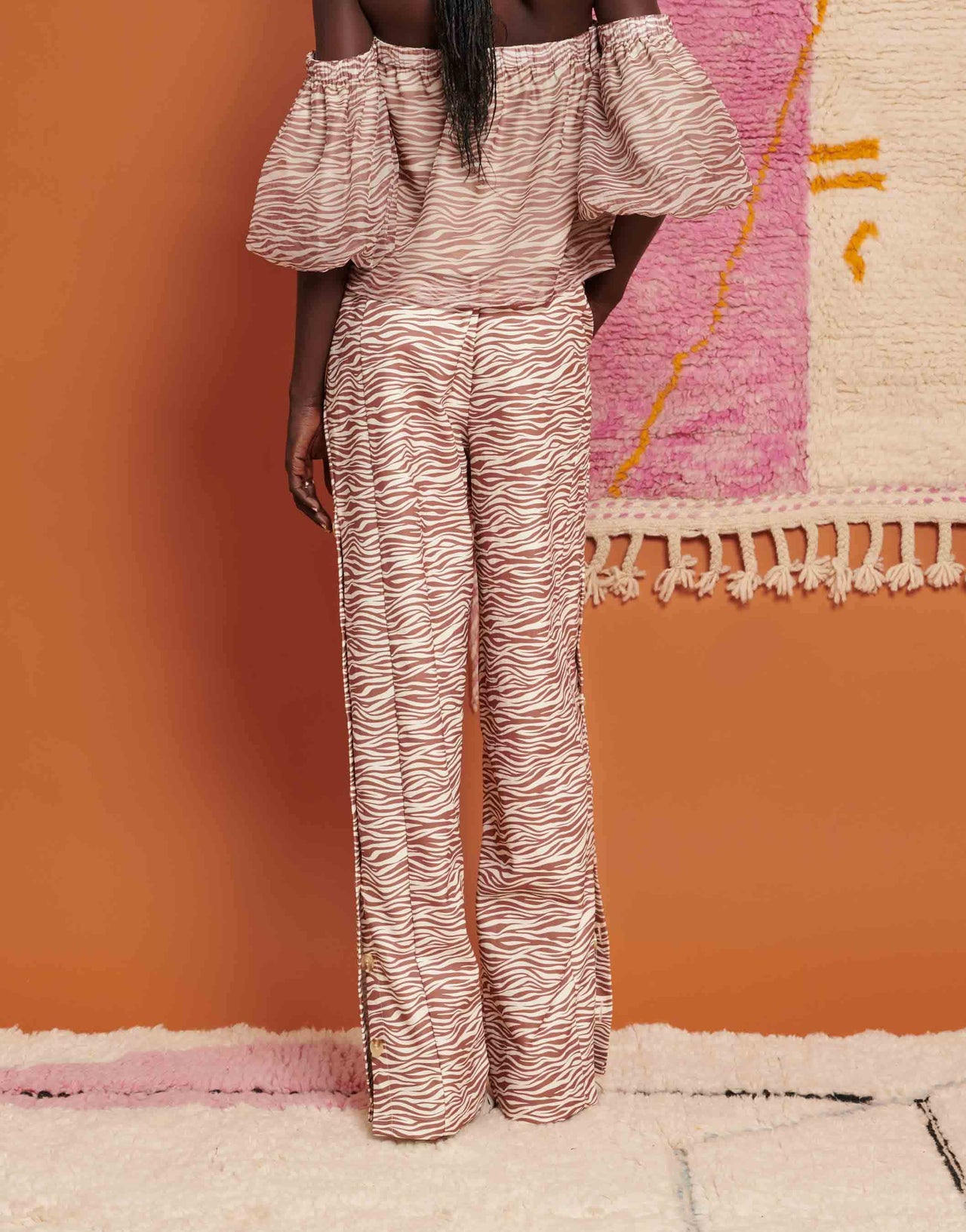 Ghospell zebra wide leg trousers in light brown co-ord