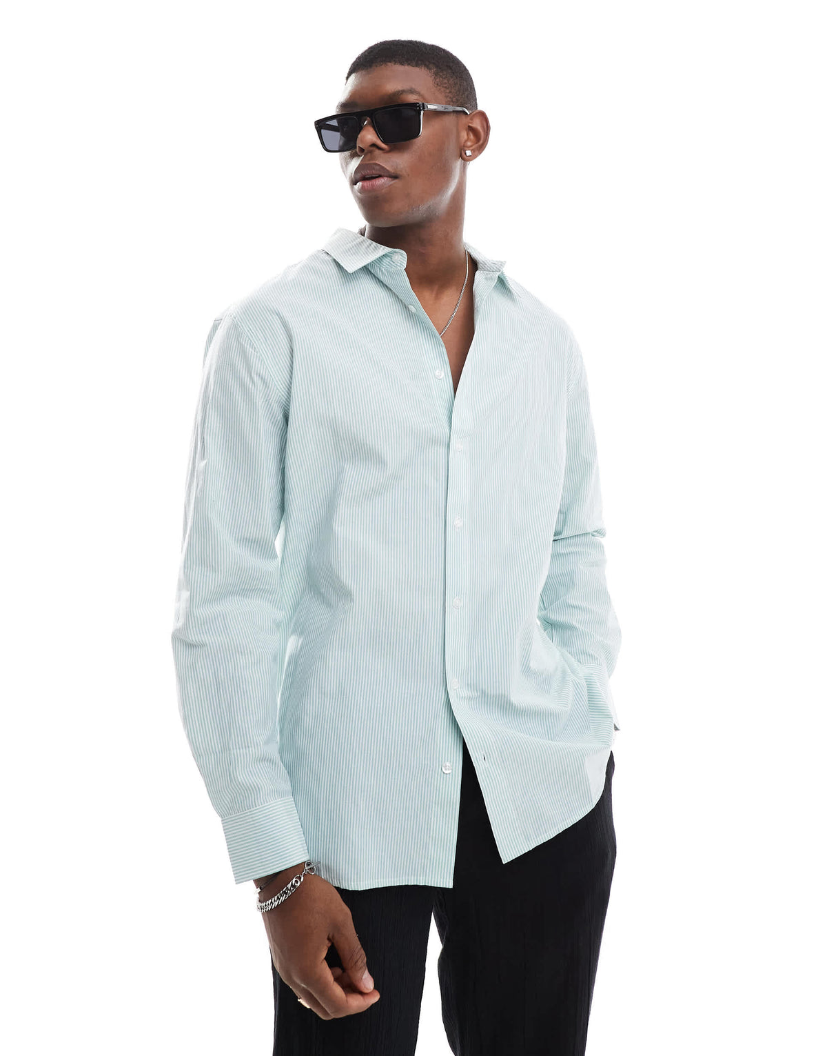 Sol Beach seersucker stripe long sleeve beach shirt in green and white