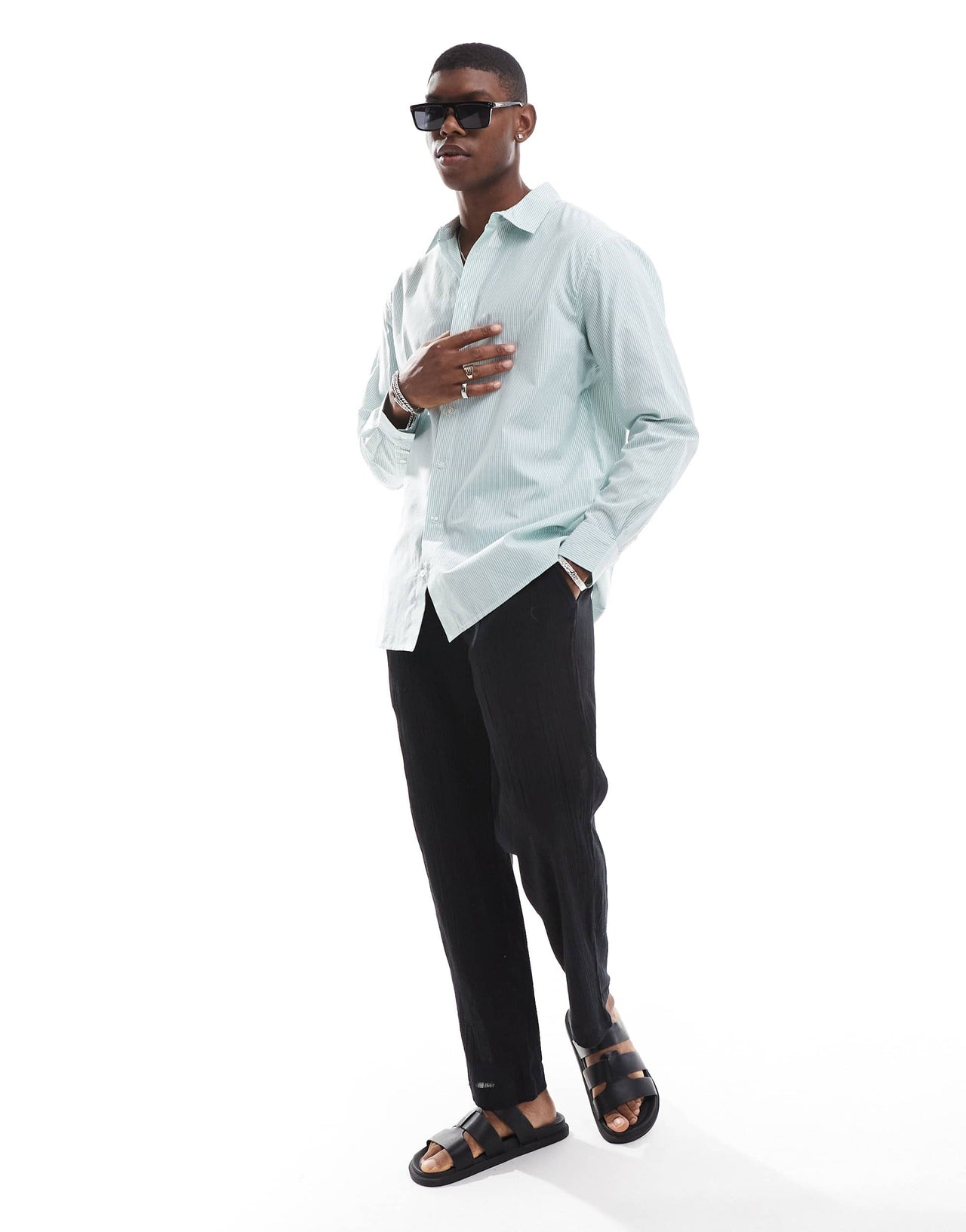Sol Beach seersucker stripe long sleeve beach shirt in green and white