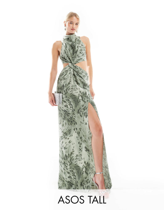 ASOS DESIGN Tall racer neck maxi dress with twist waist detail in abstract leopard print