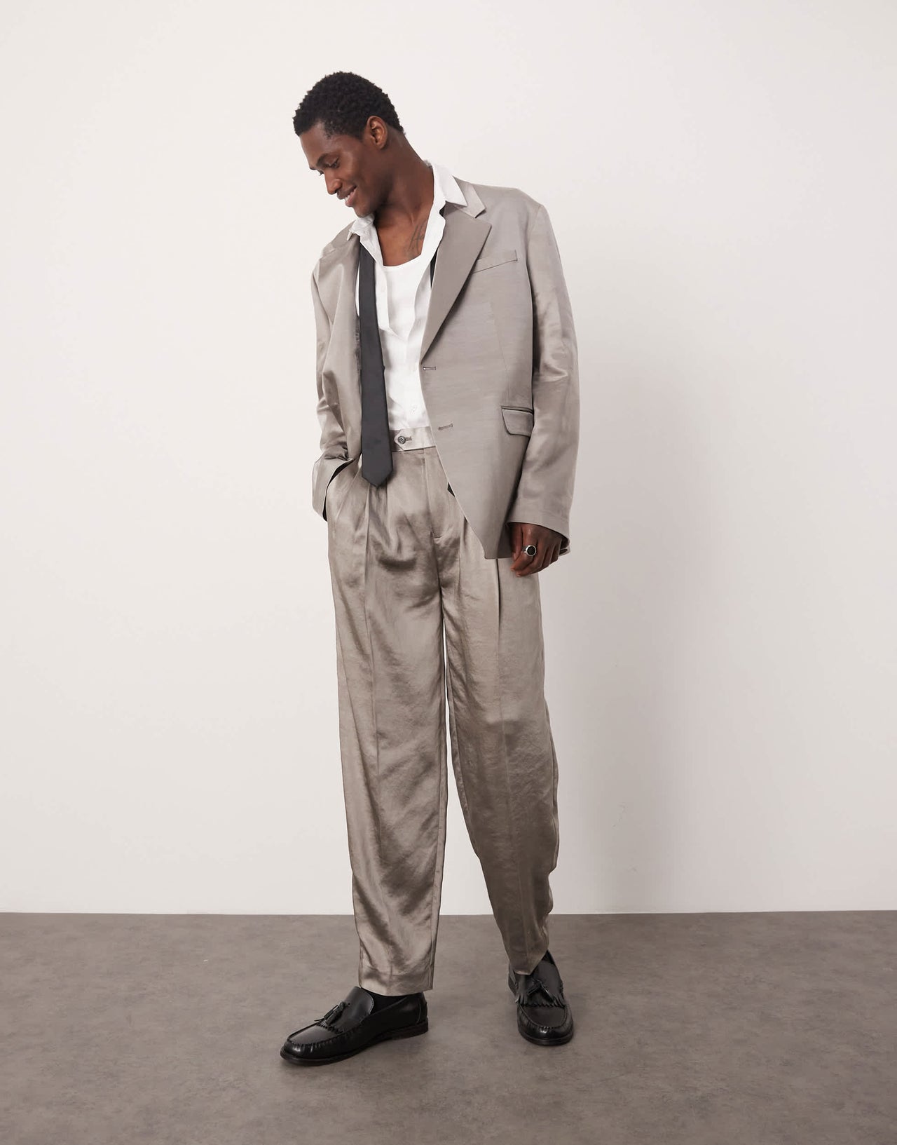 ASOS DESIGN oversized slouchy suit jacket in grey matte satin