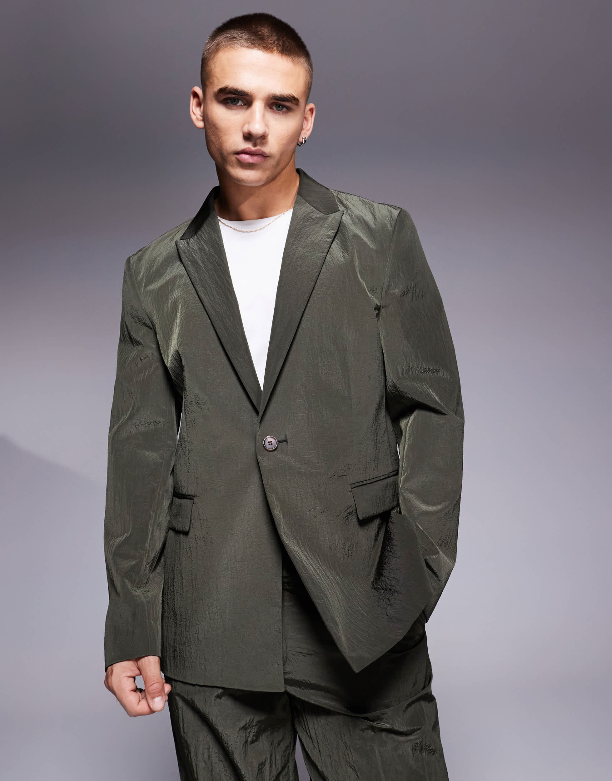 ASOS DESIGN slouchy regular suit jacket in khaki techy fabric