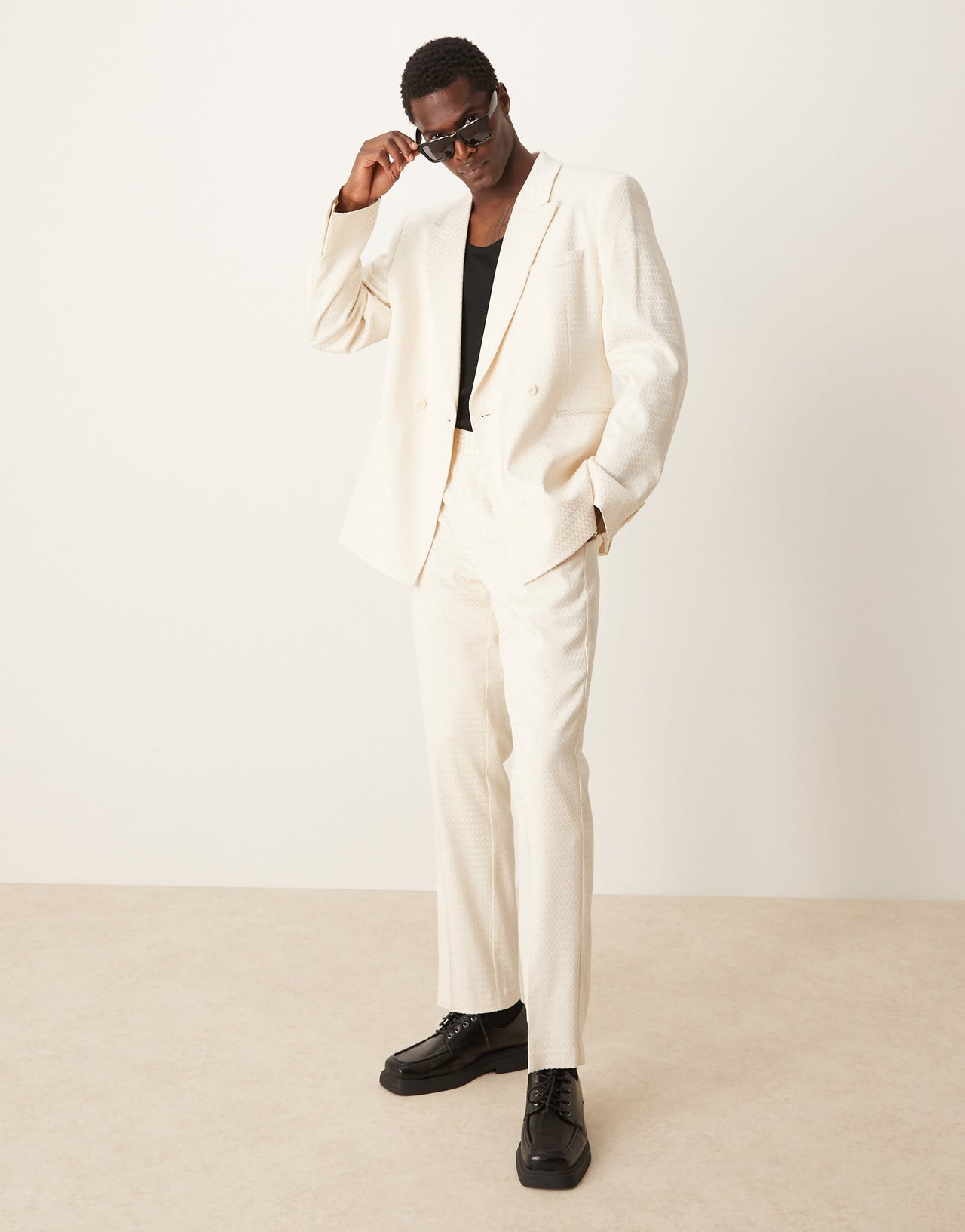 ASOS DESIGN slim double breasted suit jacket in cream geo jacquard