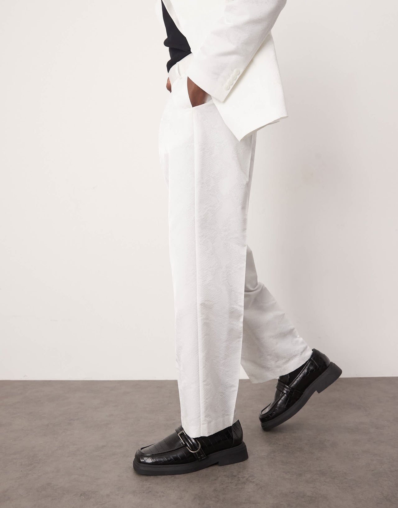 ASOS DESIGN wide leg suit trousers in snake jacquard in white