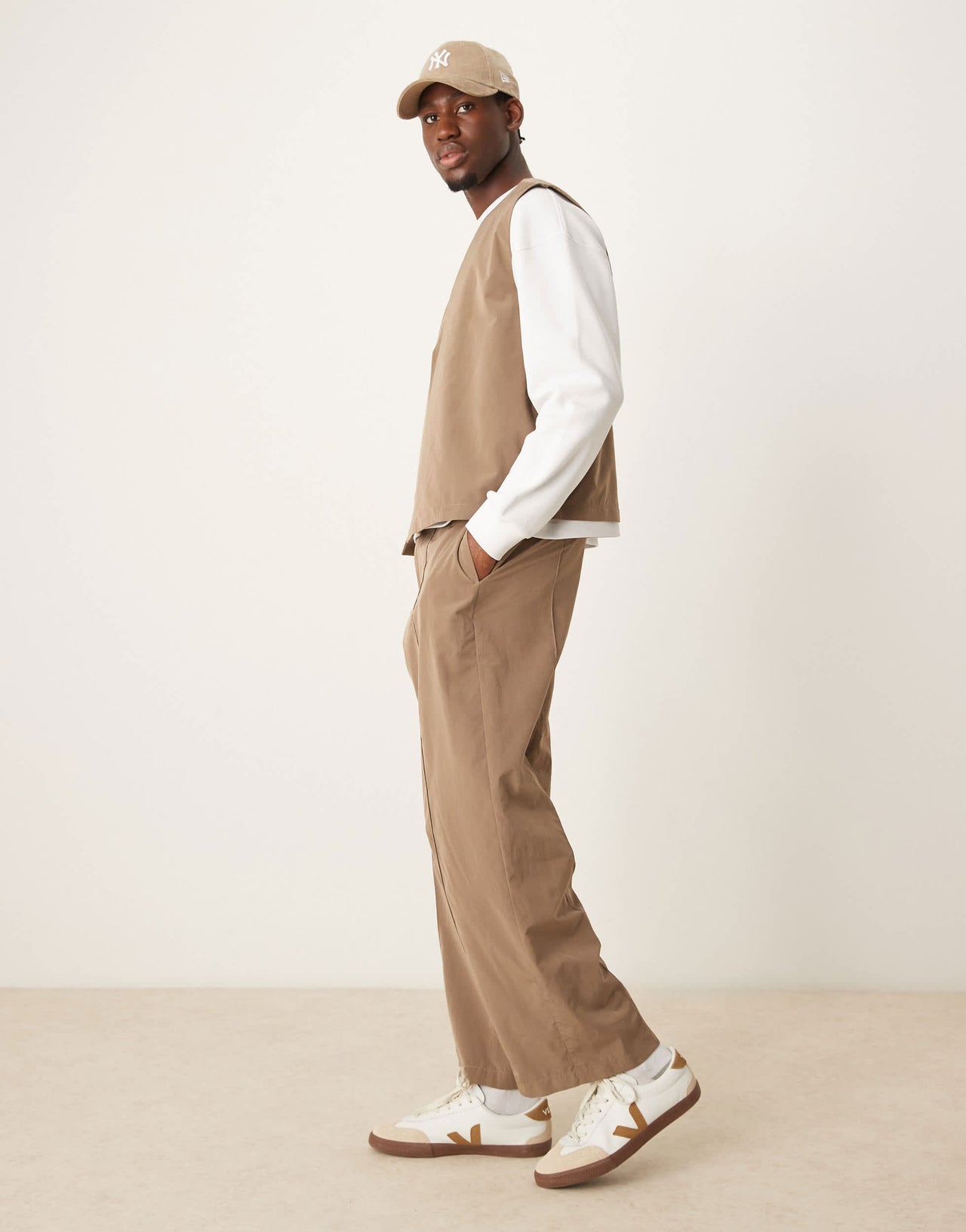 ASOS DESIGN wide leg smart co-ord trousers in brown tech fabric with elasticated waist