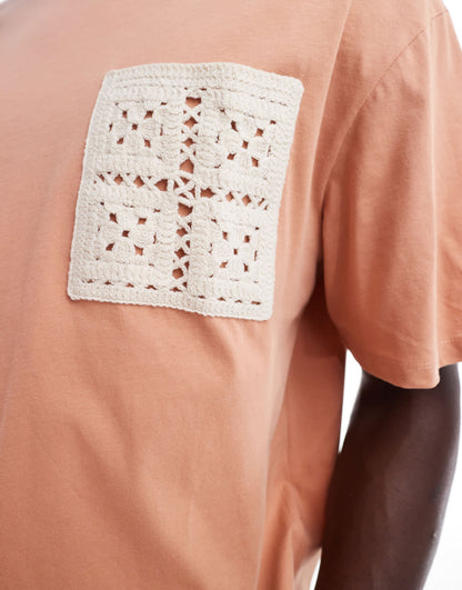ONLY & SONS oversize t-shirt with crochet pocket in burnt orange