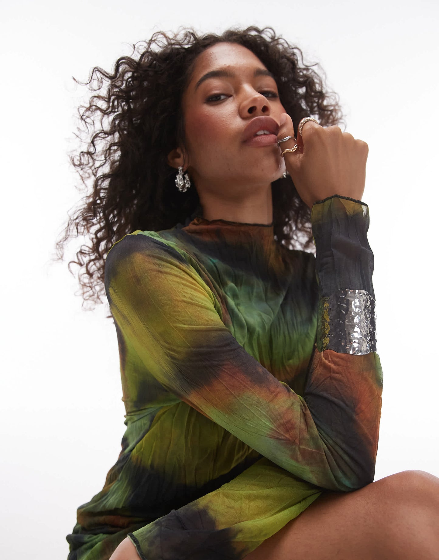 Topshop long sleeve crinkle mini dress in grunge print in multi