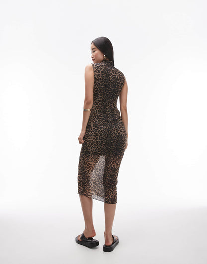 Topshop sleeveless crinkle plisse midi dress in leopard print