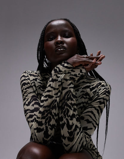 Topshop long sleeve crinkle print mini dress in animal